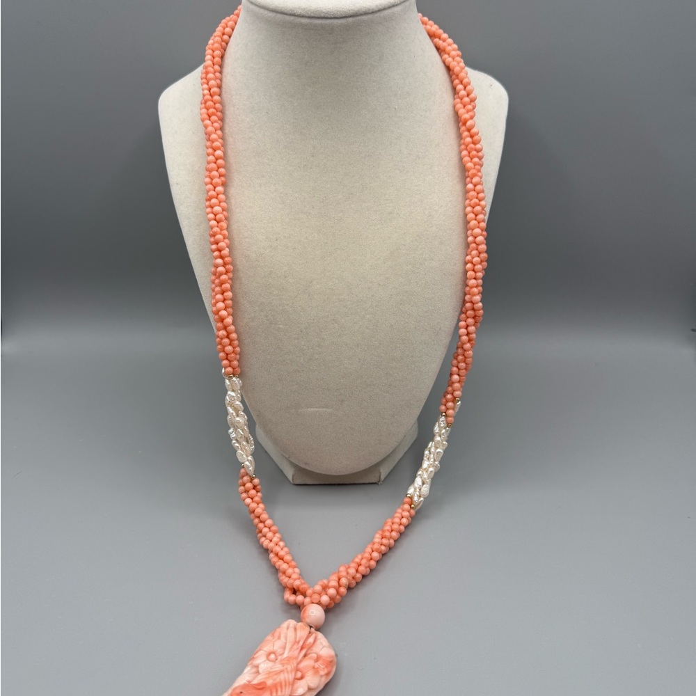 Genuine pink angel skin carved coral 14k gold beaded necklace